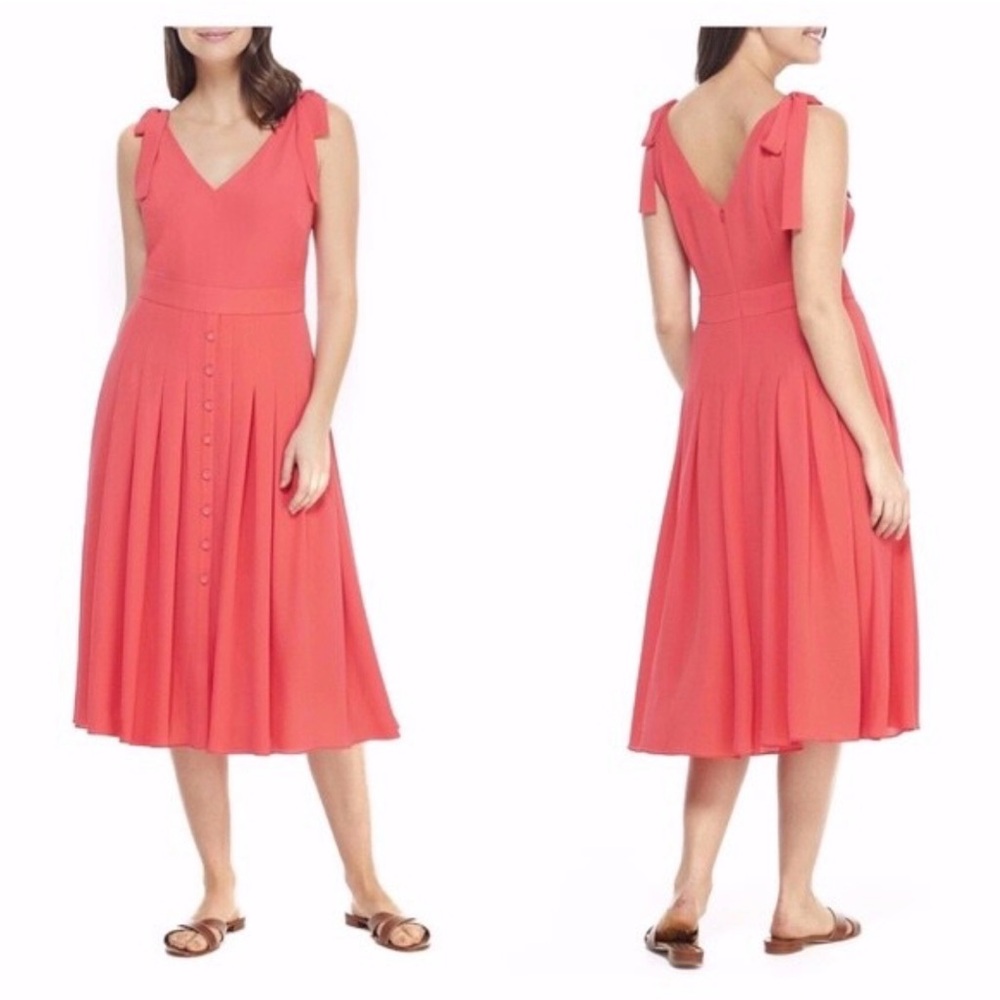 Gal Meets Glam Coral Midi Dress with Bow Shoulder Straps